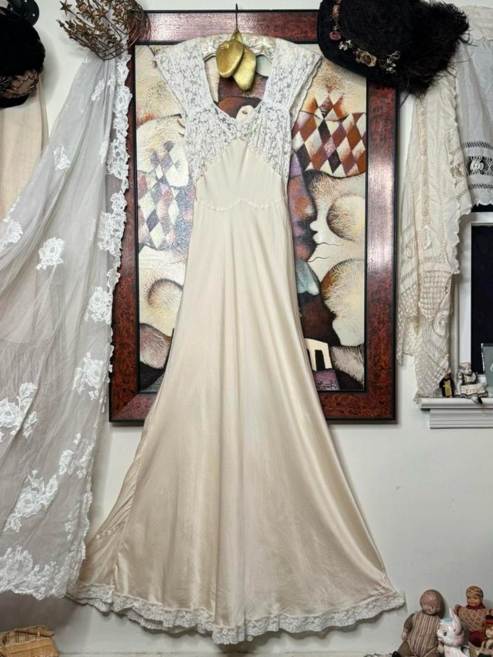 Rare nearly antique 1930s cream crepe silk bias cut wedding trousseau slip dres - Picture 2 of 7